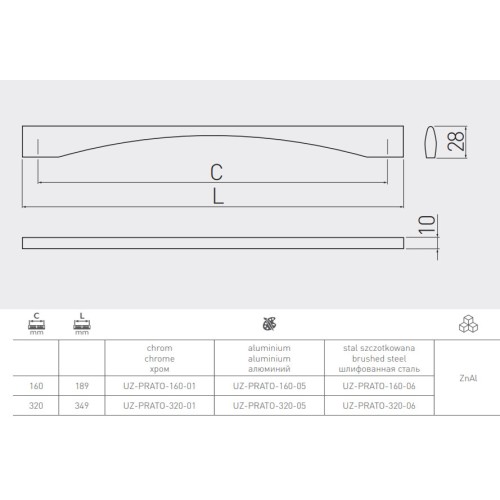 Ручка GTV PRATO 160 мм Алюміній A-UZ-PRATO-160-05