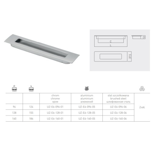 Ручка меблева врізна GTV UZ-E6 96 мм Алюміній - UZ-E6-096-05