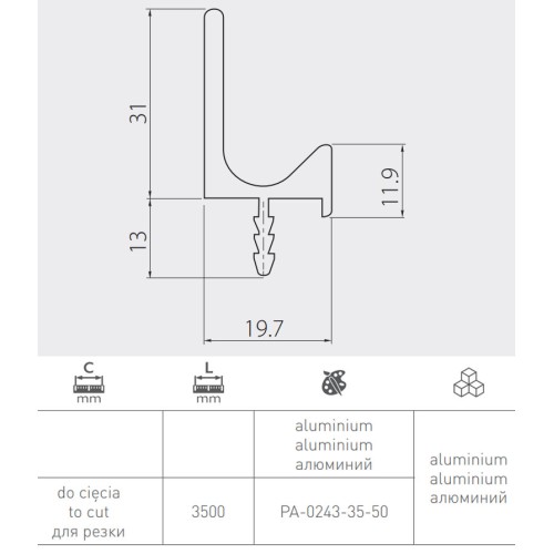 Ручка GTV PROFIL L 3500 мм Сталь - PA-0243-35-50-06