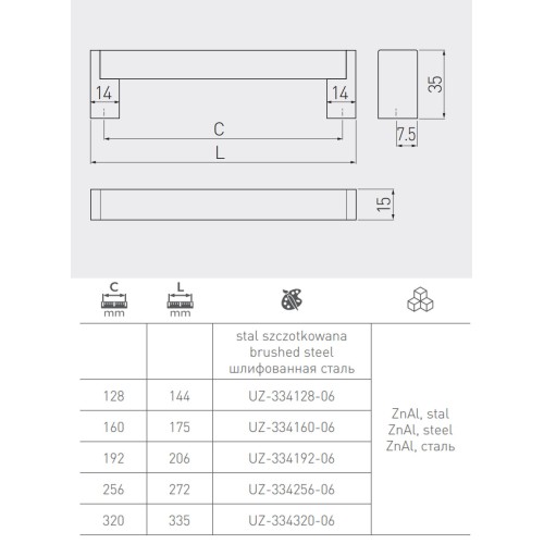 Ручка GTV UZ-334128 мм шліфована сталь - UZ-334128-06