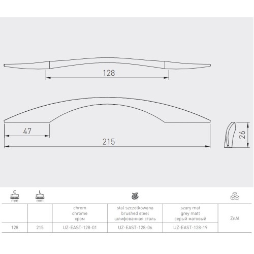 Ручка GTV EAST 128 мм шліфована сталь - UZ-EAST-128-06
