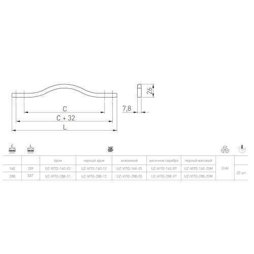 Ручка мебельная GTV VITO 160 мм, античное серебро - UZ-VITO-160-07
