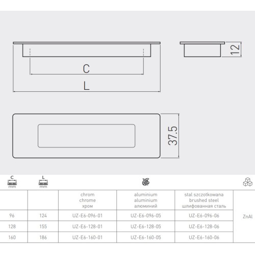 Ручка врізна GTV UZ-E6 128 мм Інокс - UZ-E6-128-06