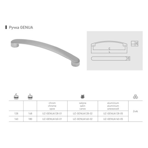 Ручка GTV GENUA 160 мм Алюминий - UZ-GENUA160-05