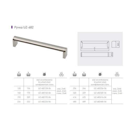 Ручка GTV UZ-682256 мм шліфована сталь - UZ-682256-06
