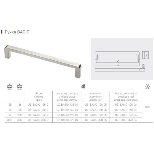Ручка мебельная GTV BAGIO 192 мм хром - UZ-BAGIO-192-01
