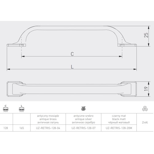 Мебельная ручка GTV RETRIS 128 мм Античное серебро - UZ-RETRIS-128-07