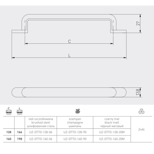Меблева ручка GTV OTTO 160 мм Шліфована сталь - UZ-OTTO-160-06