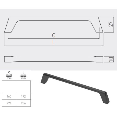 Ручка мебельная GTV UZ-G2 224 мм Черный матовый - UZ-G2-224-20M