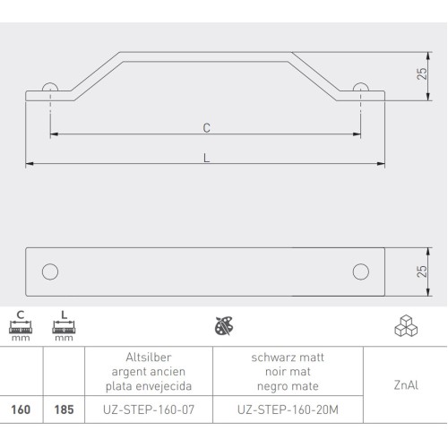 Меблева ручка GTV STEP 160 мм Чорний матовий - UZ-STEP-160-20M