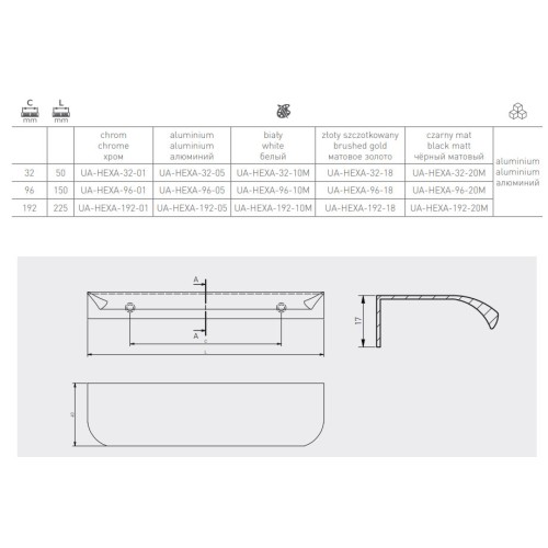 Ручка меблева торцева GTV HEXA 192 мм Білий матовий - UA-HEXA-192-10M