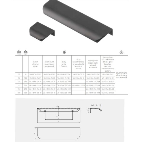 Ручка меблева торцева GTV HEXA світле золото C=160 mm - UA-HEXA-160-22