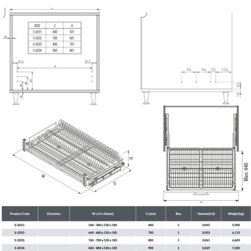 Висувна сушка для посуду Starax антрацит, L-800мм - 12218