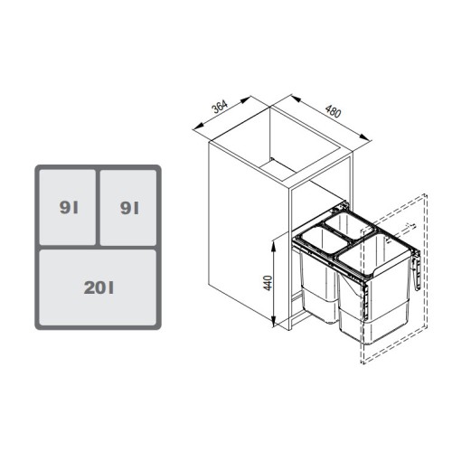 Відро для сміття Rejs JC601 секція 400 (364x480x430) потрійне (2x9L/1x20L) - WE14.1534.05.549