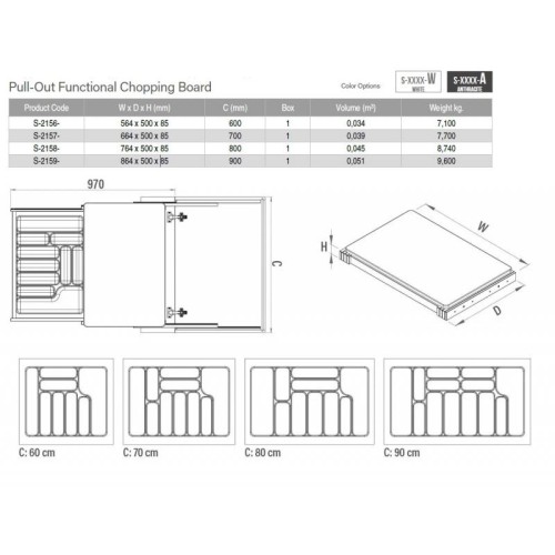 Висувна обробна дошка Starax S-2156-А, антрацит, з лотком для приладів - S-2156-А