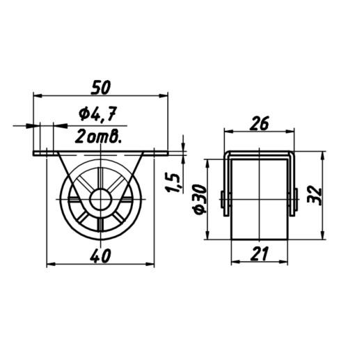 Ролик меблевий спрямований гумовий, діаметр 28 мм, навантаження до 20 кг - 9657