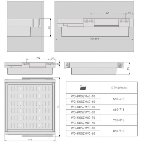 Кошик висувний перфорований для білизни GTV Elite 700 мм з доводчиком, чорний - 16038