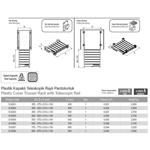Висувна вішалка для штанів Starax, антрацит, 800 мм - S-6307-A
