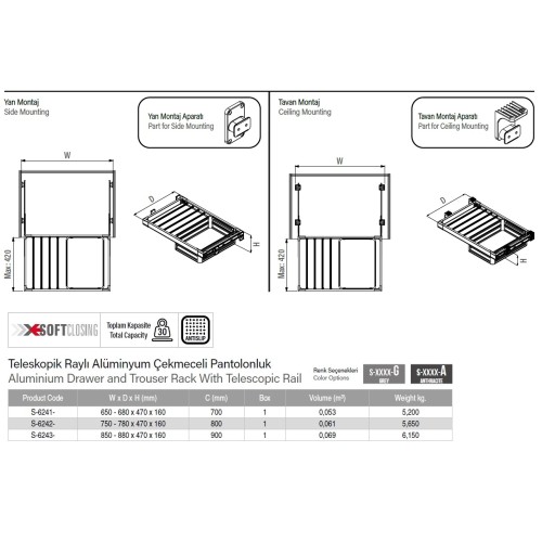 Полиця-вішалка для штанів Starax, сірий, 800 мм - S-6242-G