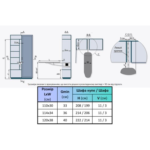 Прасувальна дошка в шафі Rocket (тефлон) Сіра 1140*340 ЛІВА - 12124
