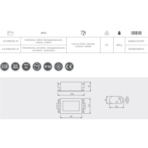 Вимикач GTV контролер Дімер LED з пультом, 12-24V DC, 8A, max 90 -180W, чорний - LD-DIMLED-10