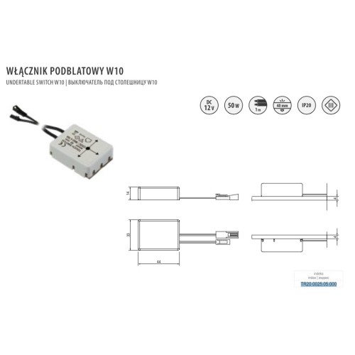 Прихований вимикач під стільницю REJS до 40 мм W10, 12 В, макс. 50 Вт, пластик - TR20.0025.05.000