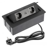 Удлинитель GTV врезной Soft NEW, 2 розетки Schuko + USB A+C, черный, кабель 1.5 м