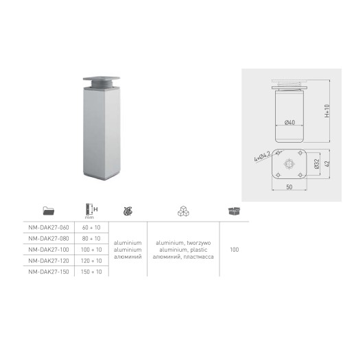 Ніжка меблева регульована GTV DAK-27 40×40 мм, H-60 мм, біла - 7439