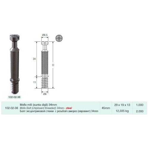 Мініфікс Mesan Болт з різьбленням саморіз (євровінт) 45мм - 13689