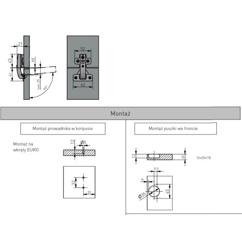 Петля GTV 90° равнолежащая, без пружины, под фальшпанель, с опорной планкой Н=2 и еврошурупом - ZP-COCAKT90H2-ZE