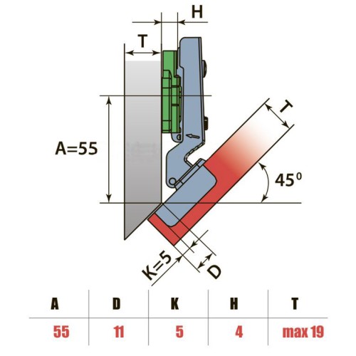 Петля LinkenSystem угловая -45° клиповая с опорной планкой H=4 - 8558
