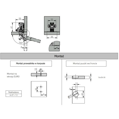 Петля GTV 165° угловая, без пружины, с опорной планкой Н=2 и еврошурупом - ZP-COCAKT165H2-ZE