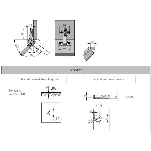 Петля GTV 45° угловая, без пружины, с опорной планкой Н=2 и еврошурупом - ZP-COCAKT45H2-ZE