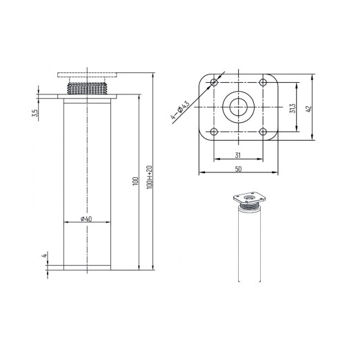 Ножка регулируемая d-40 белая h-100 - 7437