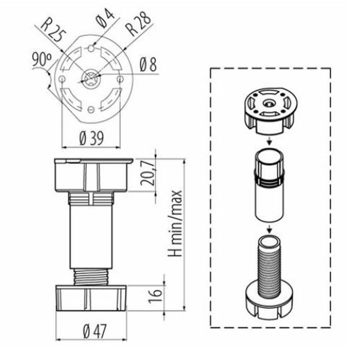 Ножка кухонная GTV DPA-20, черная пластик, h-137-170мм - NM-DPA20-150
