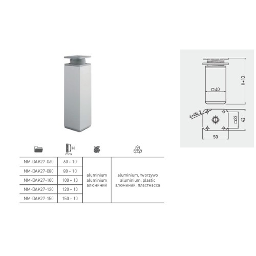 Ножка алюминиевая DAK-26 40x40 мм чорний Н=60 мм регулируемая - NM-DAK26-60-20