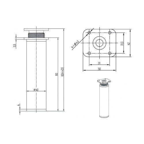 Ножка регулируемая d-40 белая h- 60 - 7443