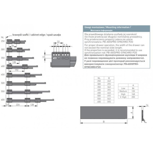 Висувна скринька GTV Axis Pro 500 мм, дуже висока H-200 мм, чорна, з доводчиком Soft Close - 2657