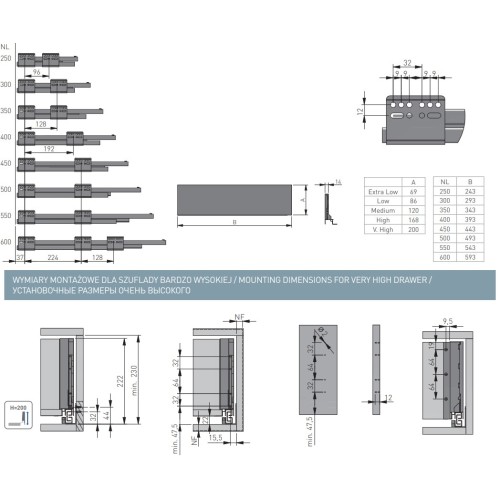 Axis Pro Push to Open, графітова скринька, дуже висока, L-450мм, H-200мм - PB-AXISPRO-P2O-KPL450D