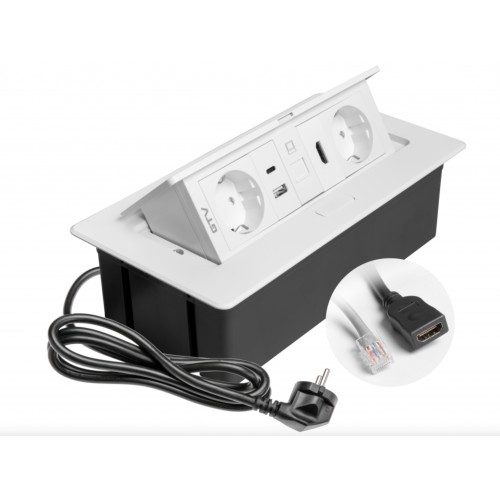 Вбудований подовжувач GTV MultiSoft 2xSchuko + USB A+C + HDMI + RJ45, білий, з кабелем 1,5 м - AE-PBSURH2GS-10