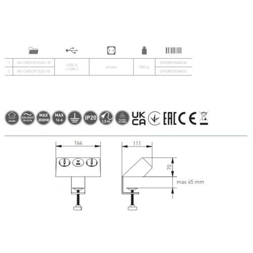 Подовжувач GTV настільний Sofito з кріпленням, 2xSchuko, USB A+C, кабель 1,5 м, інокс - 16217