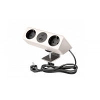 Подовжувач GTV настільний Sofito з кріпленням, 2xSchuko, USB A+C, кабель 1,5 м, інокс