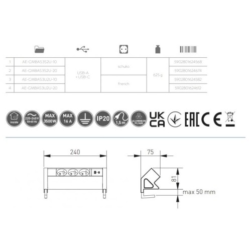 Подовжувач GTV настільний Basco з кріпленням, 3xSchuko, USB A+C, кабель 1,5 м, білий - 16214