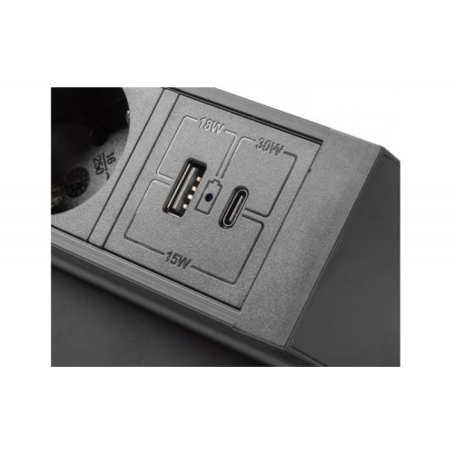 Подовжувач GTV настільний Basco з кріпленням, 3xSchuko, USB A+C, кабель 1,5 м, чорний - 16215