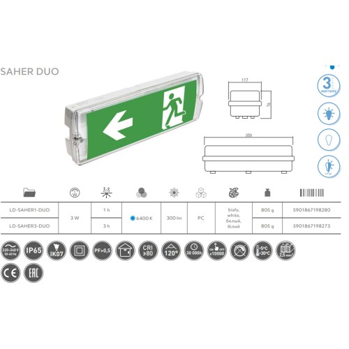 Світильник аварійного освітлення SAHER-3 LED DUO, 3W, 300lm, AC220-240V, IP65, 6400K - LD-SAHER3-DUO