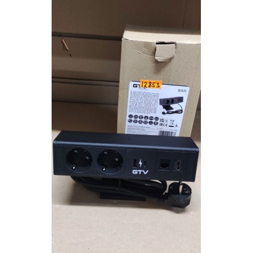 Подовжувач GTV прямокутний BAR, 2xSCHUKO, 1xUSB, 1xTYPE-C, 1xLAN, 1xHDMI, кабель з вилкою 1,5 м, чорний - AE-GM2SBAR-20