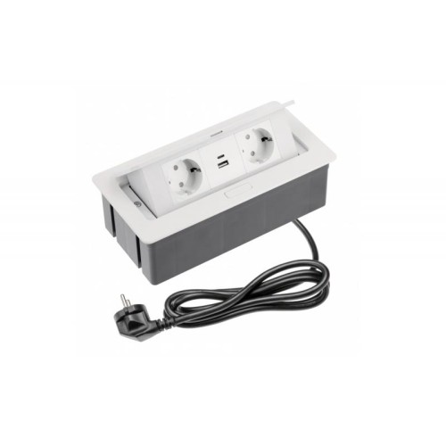 Подовжувач GTV Soft врізний на 2 розетки Schuko з USB A+C 3,1 A, кабель 1,5 м, білий - 7307
