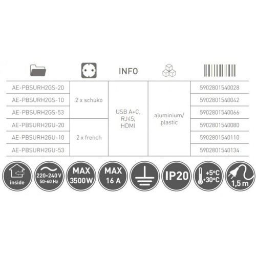Вбудований подовжувач GTV MultiSoft 2xSchuko + USB A+C + HDMI + RJ45, білий, з кабелем 1,5 м - AE-PBSURH2GS-10