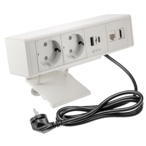 Удлинитель GTV прямоугольный BAR, 2xSCHUKO, 1xUSB, 1xTYPE-C, 1xLAN, 1xHDMI, кабель с вилкой 1,5м, белый - AE-GM2SBAR-10