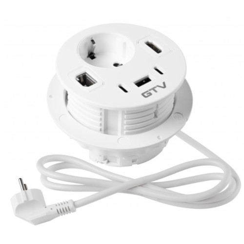 Врізний круглий подовжувач GTV Rondo, 1xSchuko + USB A+C + HDMI + RJ45, білий, кабель 1,5 м - AE-GMRON1S3URH-10
